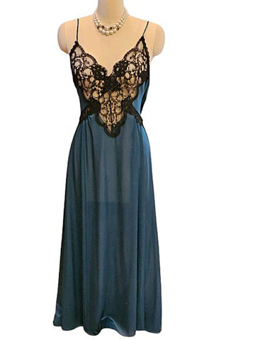 VINTAGE ADONNA NIGHTGOWN  BLACK EMERALD GREEN WITH SHEER LACE BODICE AND SEQUIN BEADED FLOWER APPLIQUE
