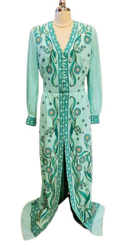 VINTAGE 1970s ALFRED SHAHEEN HAND PRINTED FLORAL & LEAF DRESS IN DEEP MINT & DYNASTY GREEN