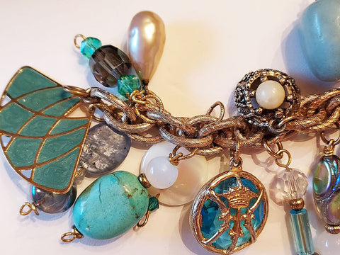 OCEAN WHISPERS: VINTAGE CHARM BRACELET WITH TURQUOISE CHARMS, MOONSTONE & MIDCENTURY MAGIC - 22 CHARMS