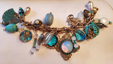 OCEAN WHISPERS: VINTAGE CHARM BRACELET WITH TURQUOISE CHARMS, MOONSTONE & MIDCENTURY MAGIC - 22 CHARMS