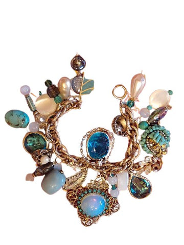 OCEAN WHISPERS: VINTAGE CHARM BRACELET WITH TURQUOISE CHARMS, MOONSTONE & MIDCENTURY MAGIC - 22 CHARMS