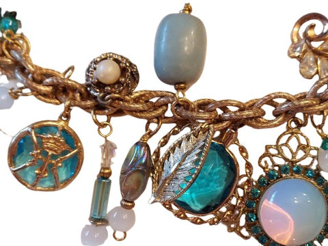 OCEAN WHISPERS: VINTAGE CHARM BRACELET WITH TURQUOISE CHARMS, MOONSTONE & MIDCENTURY MAGIC - 22 CHARMS