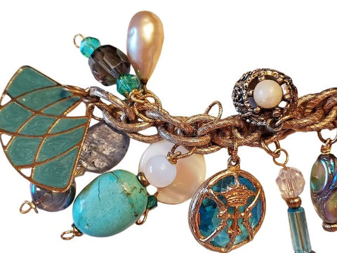 OCEAN WHISPERS: VINTAGE CHARM BRACELET WITH TURQUOISE CHARMS, MOONSTONE & MIDCENTURY MAGIC - 22 CHARMS