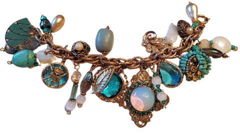 OCEAN WHISPERS: VINTAGE CHARM BRACELET WITH TURQUOISE CHARMS, MOONSTONE & MIDCENTURY MAGIC - 22 CHARMS