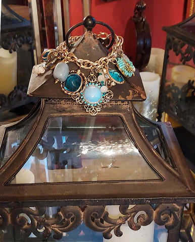 OCEAN WHISPERS: VINTAGE CHARM BRACELET WITH TURQUOISE CHARMS, MOONSTONE & MIDCENTURY MAGIC - 22 CHARMS