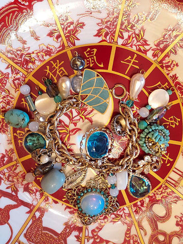 OCEAN WHISPERS: VINTAGE CHARM BRACELET WITH TURQUOISE CHARMS, MOONSTONE & MIDCENTURY MAGIC - 22 CHARMS