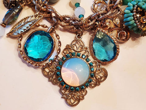 OCEAN WHISPERS: VINTAGE CHARM BRACELET WITH TURQUOISE CHARMS, MOONSTONE & MIDCENTURY MAGIC - 22 CHARMS