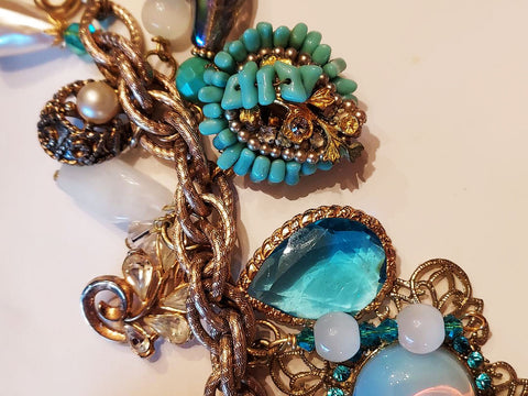 OCEAN WHISPERS: VINTAGE CHARM BRACELET WITH TURQUOISE CHARMS, MOONSTONE & MIDCENTURY MAGIC - 22 CHARMS