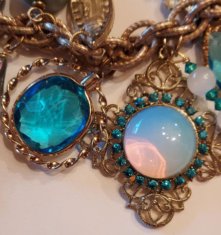 OCEAN WHISPERS: VINTAGE CHARM BRACELET WITH TURQUOISE CHARMS, MOONSTONE & MIDCENTURY MAGIC - 22 CHARMS