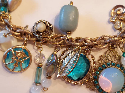 OCEAN WHISPERS: VINTAGE CHARM BRACELET WITH TURQUOISE CHARMS, MOONSTONE & MIDCENTURY MAGIC - 22 CHARMS