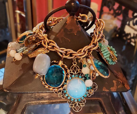 OCEAN WHISPERS: VINTAGE CHARM BRACELET WITH TURQUOISE CHARMS, MOONSTONE & MIDCENTURY MAGIC - 22 CHARMS