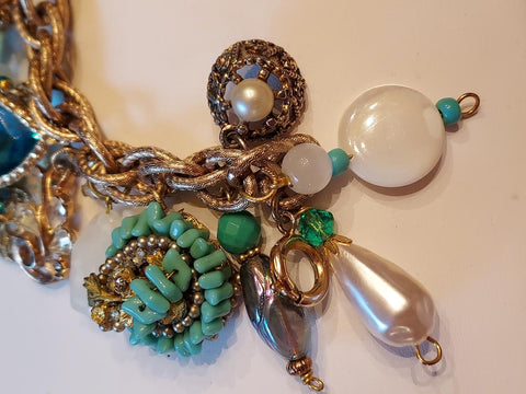 OCEAN WHISPERS: VINTAGE CHARM BRACELET WITH TURQUOISE CHARMS, MOONSTONE & MIDCENTURY MAGIC - 22 CHARMS