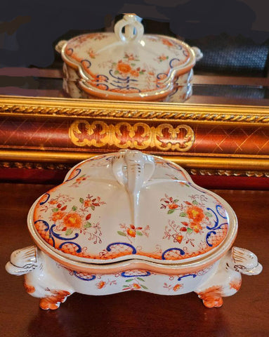 VINTAGE CHINESE ASIAN 3-SECTION SERVING DISH WITH LID ON RAISED LION LEGS - (2-PIECE SET)