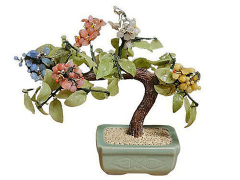VINTAGE CHINESE PINK AND PERIWINKLE BLUE GLASS OR JADE BONSAI TREE