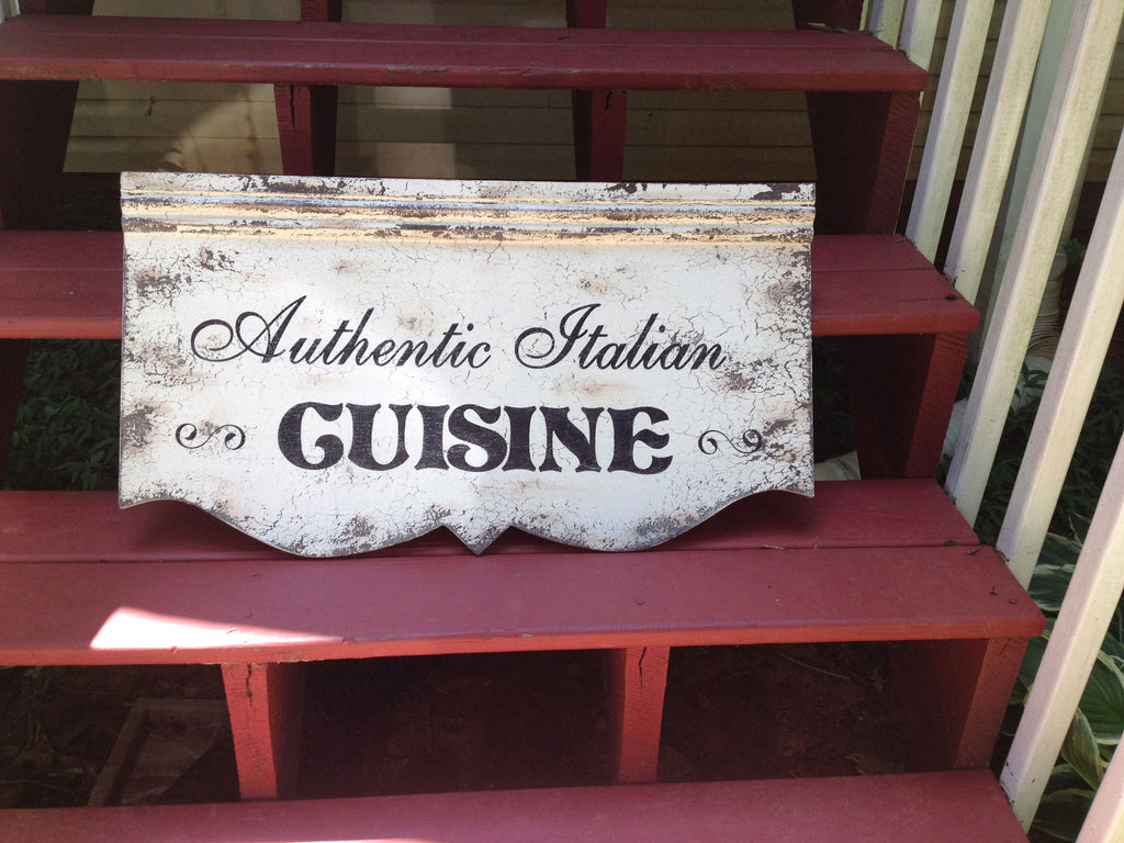 VINTAGE-LOOK LARGE DISTRESSED "AUTHENTIC ITALIAN CUISINE" WALL SIGN DECOR FOR KITCHEN - (1 WALL SIGN)