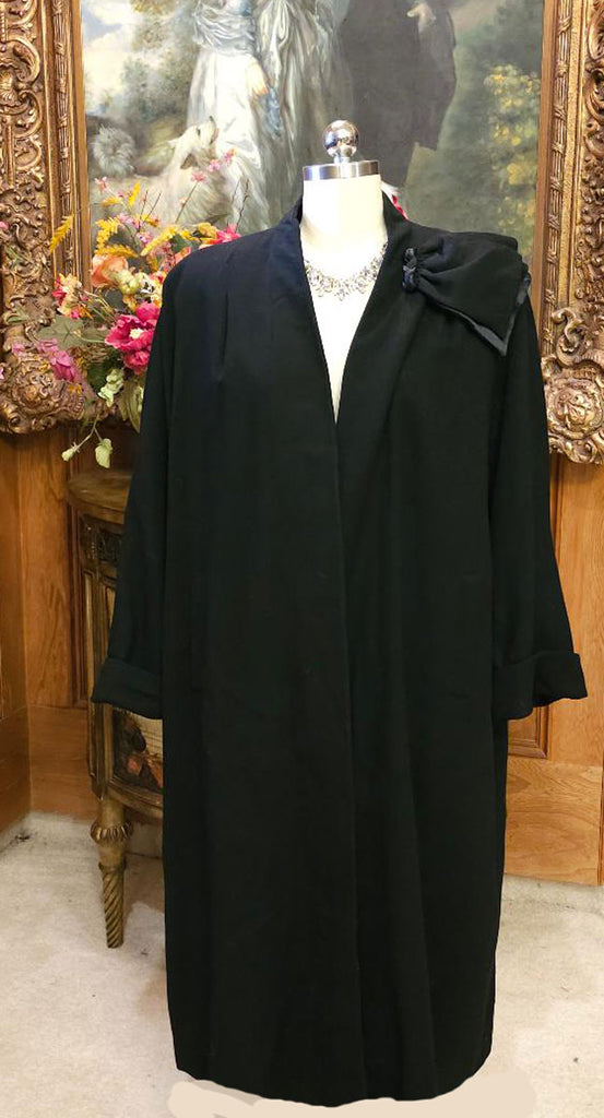VINTAGE ABE REINIS ORIGINALS BLACK EVENING COAT WITH  WOOL CREPE & SATIN DECORATION