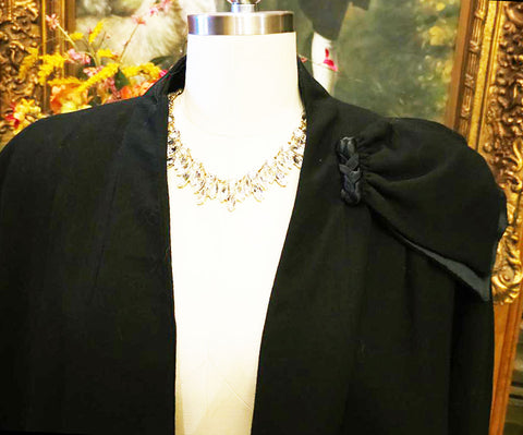 VINTAGE ABE REINIS ORIGINALS BLACK EVENING COAT WITH  WOOL CREPE & SATIN DECORATION