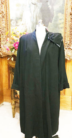 VINTAGE ABE REINIS ORIGINALS BLACK EVENING COAT WITH  WOOL CREPE & SATIN DECORATION
