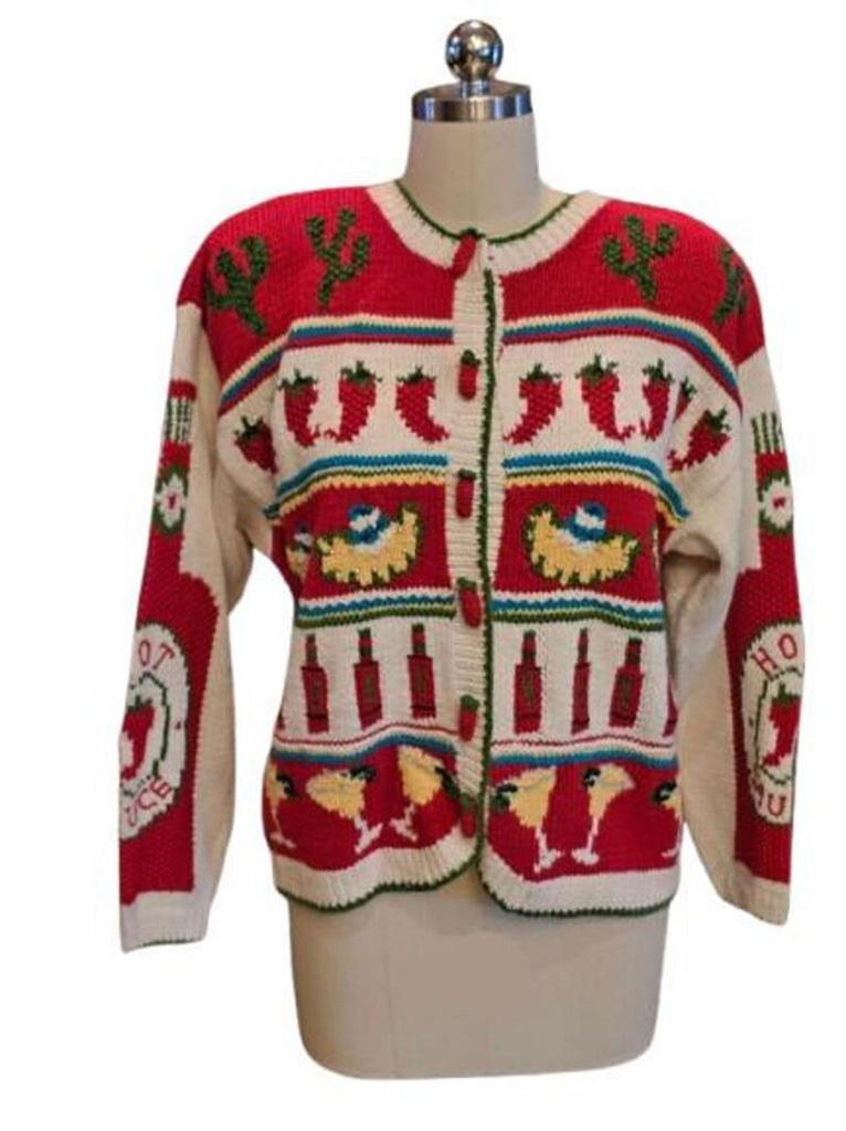 VINTAGE BELLE POINTE CHILI PEPPER CARDIGAN RAMIE COTTON HOT SAUCE FIESTA SWEATER MEXICAN THEME SIZE MEDIUM / LARGE HONG KONG