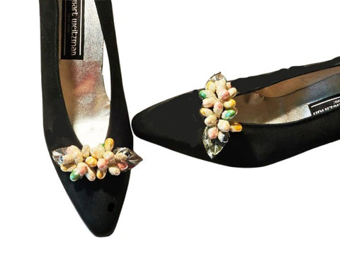 VINTAGE FROSTED FAUX OVAL PEARL AND SILVER LEAVES SHOE CLIPS IN PINK, MINT GREEN, GOLD AND SILVER SHOE ORNAMENTS