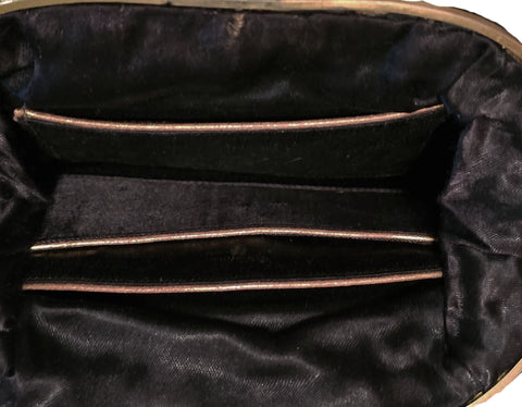 GRACELINE VINTAGE 1940s BLACK FAILLE EVENING BAG WITH ORNATE GOLD ART DECO FLORAL FRAME & BEADED DETAIL