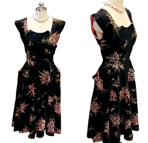 VINTAGE '40s / '50s BLACK & PINK FLORAL BOUQUETS COCKTAIL DRESS WITH RHINESTONES UNIQUE NECKLINE METAL ZIPPER GORGEOUS PINK LINED POCKETS LARGER SIZE