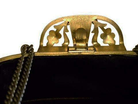 GRACELINE VINTAGE 1940s BLACK FAILLE EVENING BAG WITH ORNATE GOLD ART DECO FLORAL FRAME & BEADED DETAIL