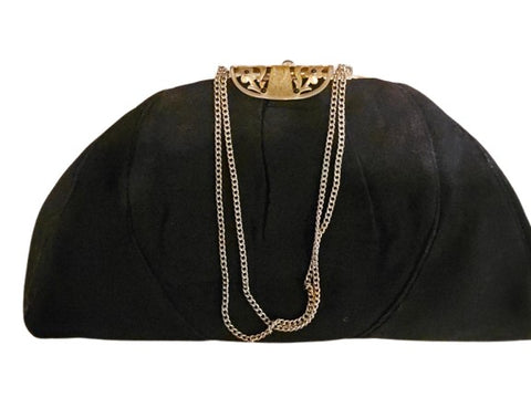 GRACELINE VINTAGE 1940s BLACK FAILLE EVENING BAG WITH ORNATE GOLD ART DECO FLORAL FRAME & BEADED DETAIL