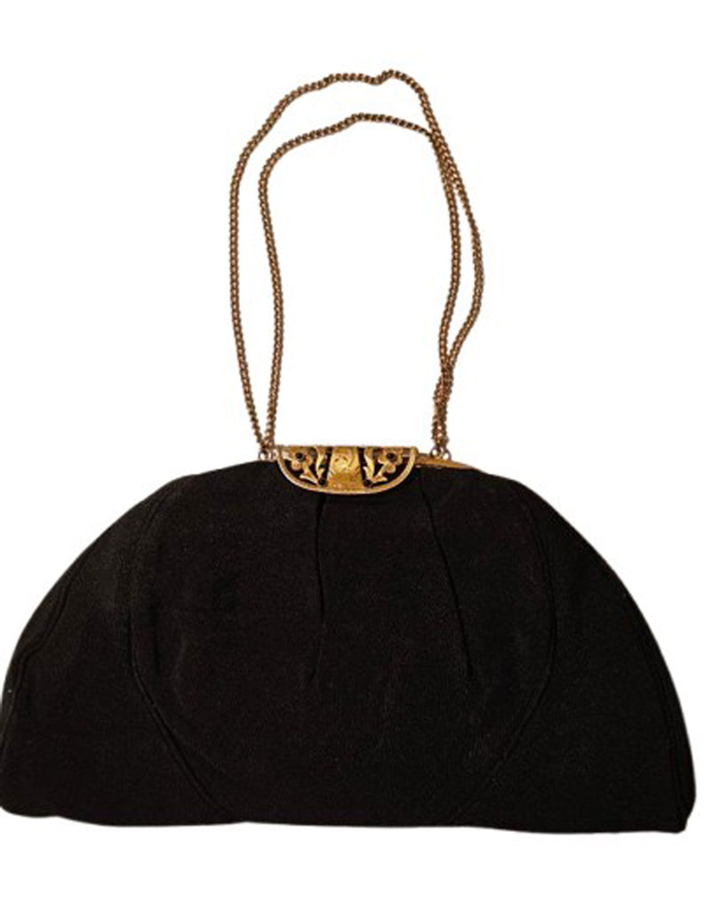GRACELINE VINTAGE 1940s BLACK FAILLE EVENING BAG WITH ORNATE GOLD ART DECO FLORAL FRAME & BEADED DETAIL