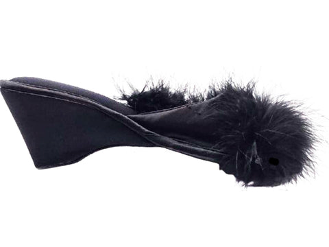 VINTAGE BLACK MARABOU SATIN BEDROOM SLIPPERS – NEW OLD STOCK – 3” HEELS OF BOUDOIR GLAMOUR