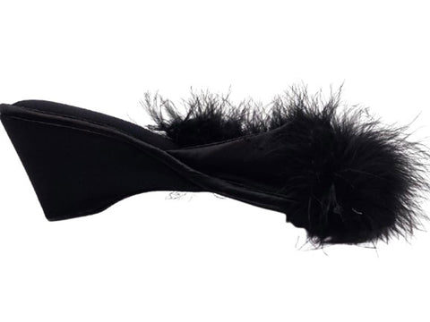 VINTAGE BLACK MARABOU SATIN BEDROOM SLIPPERS – NEW OLD STOCK – 3” HEELS OF BOUDOIR GLAMOUR