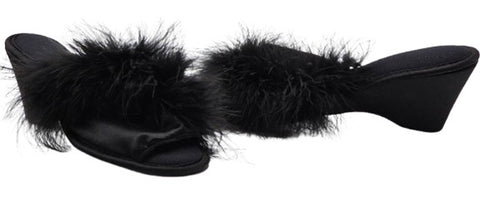 VINTAGE BLACK MARABOU SATIN BEDROOM SLIPPERS – NEW OLD STOCK – 3” HEELS OF BOUDOIR GLAMOUR