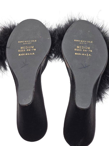 VINTAGE BLACK MARABOU SATIN BEDROOM SLIPPERS – NEW OLD STOCK – 3” HEELS OF BOUDOIR GLAMOUR
