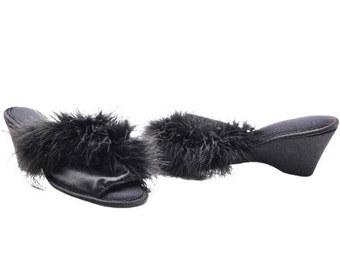 VINTAGE BLACK MARABOU SATIN BEDROOM SLIPPERS – NEW OLD STOCK – 3” HEELS OF BOUDOIR GLAMOUR