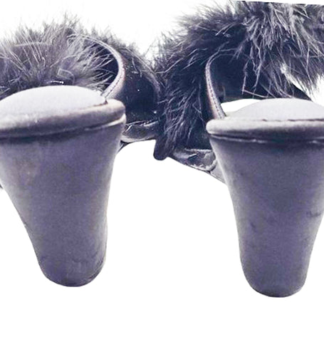 VINTAGE BLACK MARABOU SATIN BEDROOM SLIPPERS – NEW OLD STOCK – 3” HEELS OF BOUDOIR GLAMOUR