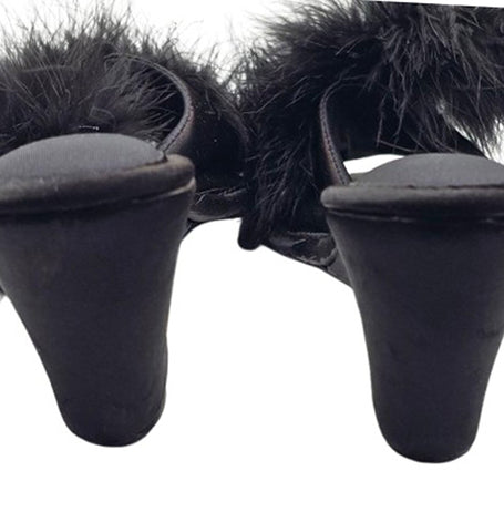 VINTAGE BLACK MARABOU SATIN BEDROOM SLIPPERS – NEW OLD STOCK – 3” HEELS OF BOUDOIR GLAMOUR