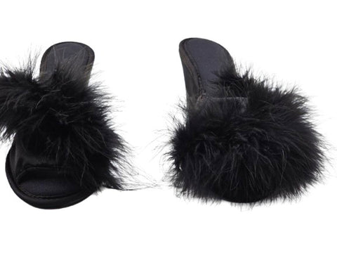 VINTAGE BLACK MARABOU SATIN BEDROOM SLIPPERS – NEW OLD STOCK – 3” HEELS OF BOUDOIR GLAMOUR
