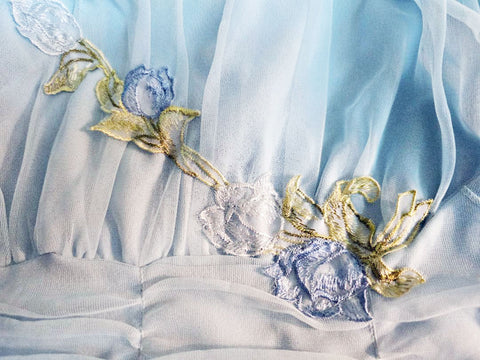 VINTAGE 1960S BLUE DOUBLE NYLON NIGHTGOWN – LONG FLOWING GOWN W FLORAL APPLIQUE ROMANTIC LINGERIE GLAM