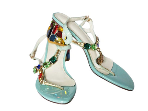 VINTAGE MULTI COLORED PRONG SET HUGE JEWELED SANDALS UNIQUE JEWEL ENCRUSTED HEEL SLIP ONS RESORT HIGH HEEL SANDALS