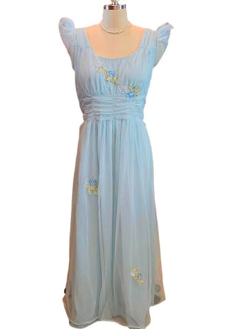 VINTAGE 1960S BLUE DOUBLE NYLON NIGHTGOWN – LONG FLOWING GOWN W FLORAL APPLIQUE ROMANTIC LINGERIE GLAM