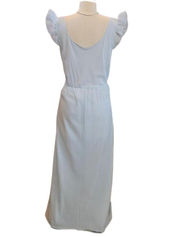 VINTAGE 1960S BLUE DOUBLE NYLON NIGHTGOWN – LONG FLOWING GOWN W FLORAL APPLIQUE ROMANTIC LINGERIE GLAM