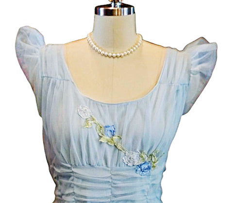 VINTAGE 1960S BLUE DOUBLE NYLON NIGHTGOWN – LONG FLOWING GOWN W FLORAL APPLIQUE ROMANTIC LINGERIE GLAM