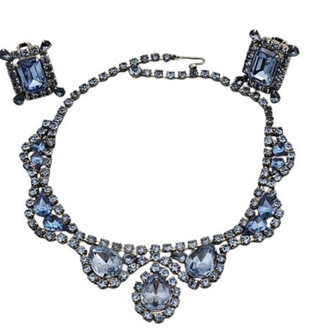 VINTAGE 1960s / 1970s BLUE PEAR-SHAPE RHINESTONES SWAG NECKLACE AND EARRINGS SET