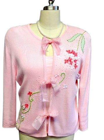BEAUTIFUL VINTAGE BOBBIE BELL PINK SWEATER ADORNED WITH 3-D FLOWERS, SEQUINS & BEADS