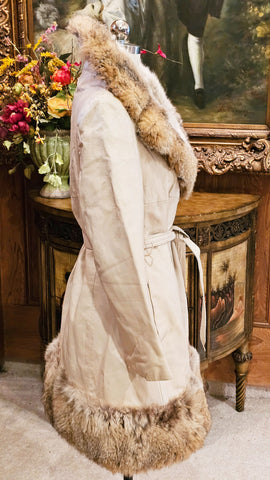 VINTAGE 1960s / 1970s BULLOCK'S SNOW QUEEN BEIGE LEATHER COAT WITH FUR COLLAR AND HEM