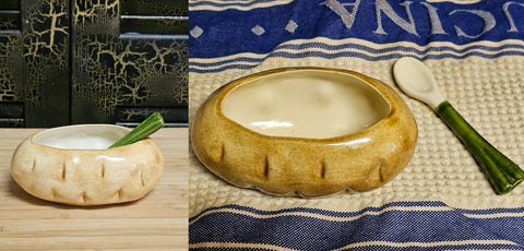 VINTAGE BAKED POTATO SOUR CREAM HOLDER WITH A CHIVE SPOON SALSA HOLDER CHEESSE HOLDER - (2 PIECE SET)