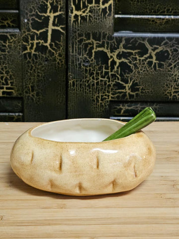 VINTAGE BAKED POTATO SOUR CREAM HOLDER WITH A CHIVE SPOON SALSA HOLDER CHEESSE HOLDER - (2 PIECE SET)