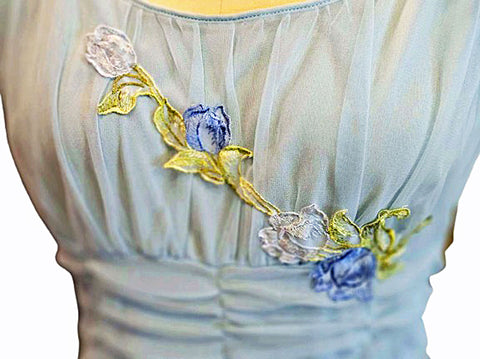 VINTAGE 1960S BLUE DOUBLE NYLON NIGHTGOWN – LONG FLOWING GOWN W FLORAL APPLIQUE ROMANTIC LINGERIE GLAM