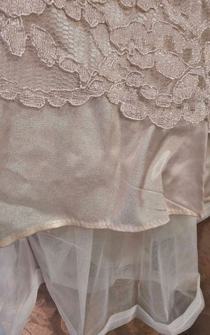 VINTAGE CACHET FOR BARI PROTAS PEACHY PINK LACE DRESS ADORNED WITH LARGE PEARLS