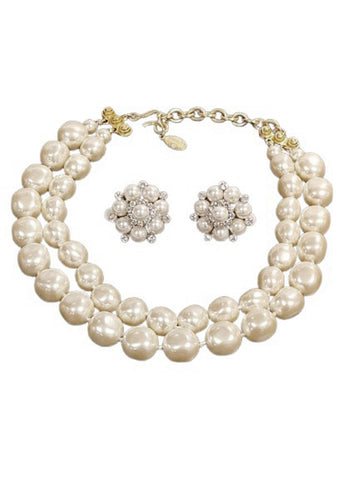 VINTAGE 1980s CAROLEE SIGNED LUSTROUS 2 STRANDS LAYERED IMITATION PEARL NECKLACE & SPARKLING RHINESTONE FAUX PEARL EARRINGS  CAROL LEE